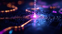 Glowing digital circuit board with pink light beam and ripple effect creates futuristic technology concept against dark background with bokeh lights.