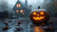 Glowing jack-o-lantern pumpkin with carved face sits on autumn leaves near spooky house at dusk. Halloween decoration creates warm orange light in twilight atmosphere.
