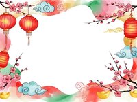 Chinese New Year frame with red lanterns, cherry blossoms and colorful clouds on white background for festive greeting cards and celebration designs.