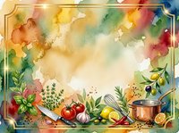 Watercolor cooking frame with fresh vegetables, herbs, and kitchenware on colorful splashed background. Isolated design for culinary blogs, recipe cards, and food-related projects.