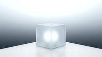 Translucent frosted glass cube with glowing light source inside, isolated on white surface against dark gradient background for design and product mockup use.