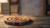 Wooden circular board game with colorful pieces on rustic table in cozy interior setting. Traditional strategy game for family entertainment and leisure time.