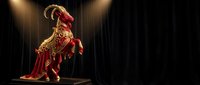 Majestic golden Roman centurion warrior in ornate armor with red plume helmet standing proudly on pedestal under dramatic spotlight against dark background.