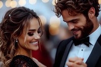 Romantic couple at formal event sharing intimate moment. Young Caucasian woman in black lace dress and bearded man in tuxedo smiling with bokeh lights background.