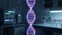 Glowing purple DNA double helix structure with digital particles in modern laboratory setting for genetic research and biotechnology applications.