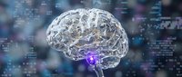 Transparent brain with circuit patterns and glowing purple neural connections on digital technology background for AI and neuroscience concepts.