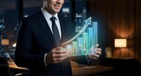 Professional businessman in dark suit presenting holographic growth chart with upward arrow in modern office environment for business presentations.
