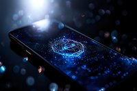 Glowing cryptocurrency symbol on smartphone screen with blue bokeh light effects and digital particles creating futuristic financial technology concept.