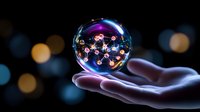 Glowing molecular structure floating inside soap bubble balanced on palm against dark background with bokeh lights, science concept visualization.