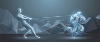 Low poly figure pulling rope attached to dollar sign in tug of war concept representing financial struggle and economic challenges in modern digital style.