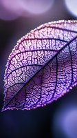 Delicate purple leaf skeleton with morning dew drops glowing in soft light, revealing intricate vein patterns and natural texture against dark background.