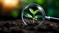 Young green seedling growing in soil viewed through magnifying glass against blurred natural background, symbolizing growth, research and environmental studies.
