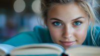 Young woman with striking blue eyes and gentle smile reading book in cozy atmosphere with soft bokeh lighting, creating peaceful moment of relaxation and learning.