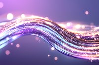 Glowing wavy lines with sparkles and bokeh effects on purple gradient background create magical abstract composition for festive designs and celebrations.