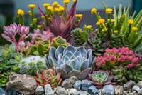 Colorful succulent garden featuring echeveria, pink flowering plants, and yellow blooming specimens arranged among decorative rocks and stones in natural landscape.