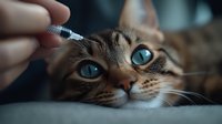 Close-up of Bengal cat with bright blue eyes receiving medicine through syringe. Pet healthcare and veterinary concept showing responsible animal care.