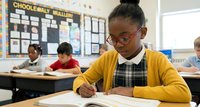 Young African American schoolgirl with glasses writing in notebook during class lesson. Student focused on homework assignment in elementary classroom setting.