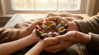 Elderly hands holding colorful medication pills and capsules with younger hands supporting, healthcare concept for senior care and family assistance.