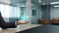 Businessman hand presenting holographic digital technology interface with futuristic data visualization in modern office environment for innovation.