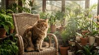 Long-haired tabby cat sitting on wicker chair in sunlit greenhouse surrounded by potted plants and greenery, ideal for pet and indoor gardening content.