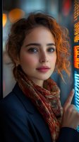 Young woman with curly hair and patterned scarf looking at camera against blurred city lights background, warm evening atmosphere creates dramatic portrait.