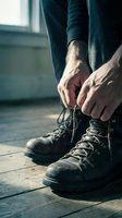 Close-up of male hands tying worn leather work boots on wooden floor near window. Morning preparation routine for manual labor or outdoor activities.