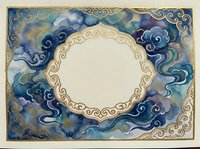 Ornate vintage frame with swirling blue clouds and golden decorative borders on textured background for elegant design projects.