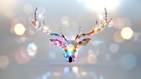 Luminous crystal deer head with rainbow reflections and glowing antlers on blurred bokeh background, modern art concept for magical winter decor.