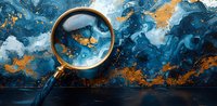 Magnifying glass against abstract blue and gold marble texture background, reflecting artistic swirls and patterns. Creative concept for search and discovery.