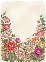 Watercolor ranunculus flowers frame with soft pink background, floral border design for wedding invitations, greeting cards and romantic stationery projects.