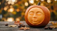 Carved pumpkin with serene human face sits on rustic wooden surface surrounded by autumn leaves and acorns with warm bokeh lights in background.