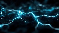 Glowing electric blue lightning bolts with particles create dramatic effect against dark background, abstract energy visualization for technology and power concepts.