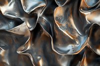 Abstract metallic surface with flowing liquid chrome texture and copper highlights creating dramatic light and shadow patterns on dark background.