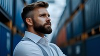 Confident Caucasian businessman with well-groomed beard and modern haircut looking ahead against industrial shipping containers background in blue tones.