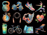 Fitness equipment collection with kettlebell, dumbbells, running shoes, yoga pose, stopwatch, jump rope, boxing gloves, winged heart, protein shaker, bicycle, yoga mat, and weight bench isolated on transparent background. Ready for t-shirt design, clipart, stickers, sublimation, and print-on-demand products.