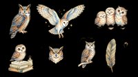Watercolor owl clipart set with cute owls, feathers, and books, isolated on transparent background. Ready for stickers, t-shirt design, and print on demand.
