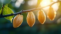 Fresh ripe cocoa pods growing on branch in tropical garden, natural sunlight and bokeh background, organic chocolate production concept.