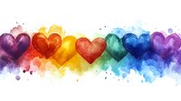 Rainbow colored hearts in watercolor style on white background with splashes and splatters create vibrant border design for love themed projects and celebrations.