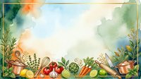 Watercolor garden frame with fresh vegetables, herbs, and cooking utensils arranged around borders, ideal for food blogs, recipe designs, and culinary marketing materials.