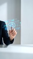 Businesswoman in dark suit touching holographic display showing brain, financial charts, and data analytics for artificial intelligence and business intelligence applications.