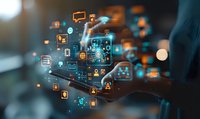 Digital transformation concept showing hands using mobile device with glowing blue and orange technology icons floating in augmented reality space, perfect for business innovation presentations.