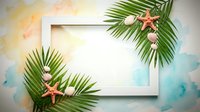 Tropical summer frame with palm leaves, seashells and starfish on watercolor background for vacation design projects and beach themed decorations.