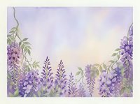 Watercolor wisteria and lavender flowers border on soft purple gradient background, perfect for cards, invitations, and spring decor.