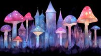Magical glowing mushrooms in pink and blue hues against dark background with fantasy castle silhouettes creating enchanted forest atmosphere for fairy tale designs.