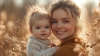 Young Caucasian mother holding baby daughter in warm knitted sweaters outdoors during golden hour sunset, surrounded by autumn dry plants and bokeh light effects.