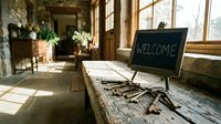 Rustic wooden reception desk with vintage keys and chalkboard welcome sign in a cozy stone interior with warm natural light.