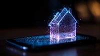 Glowing holographic house wireframe emerging from smartphone screen with sparkles and particles in dark blue neon light, futuristic smart home concept.