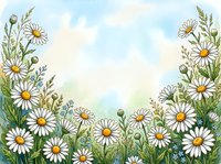 Watercolor daisy meadow border with white chamomile flowers and green herbs on soft blue sky background with copy space.