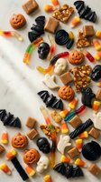 Assorted Halloween candy collection with pumpkins, skulls, bats, ghosts, gummy worms and chocolate treats scattered on white background for spooky season celebrations.