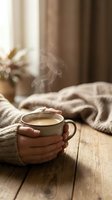 Hands holding steaming hot coffee mug on wooden table with cozy knit blanket creating warm morning atmosphere for relaxation and comfort lifestyle.